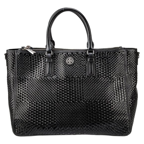 Tory Burch Robinson Black Tote Basketweave Saffiano Leather Large Handbag Bag NW - Picture 1 of 9
